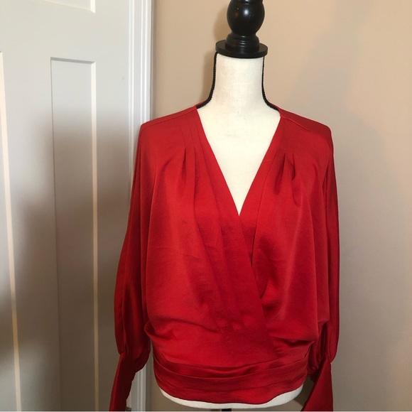 Express Red Long sleeve blouse cross front button cuffs (L) NEW WITH TAGS - Picture 2 of 9
